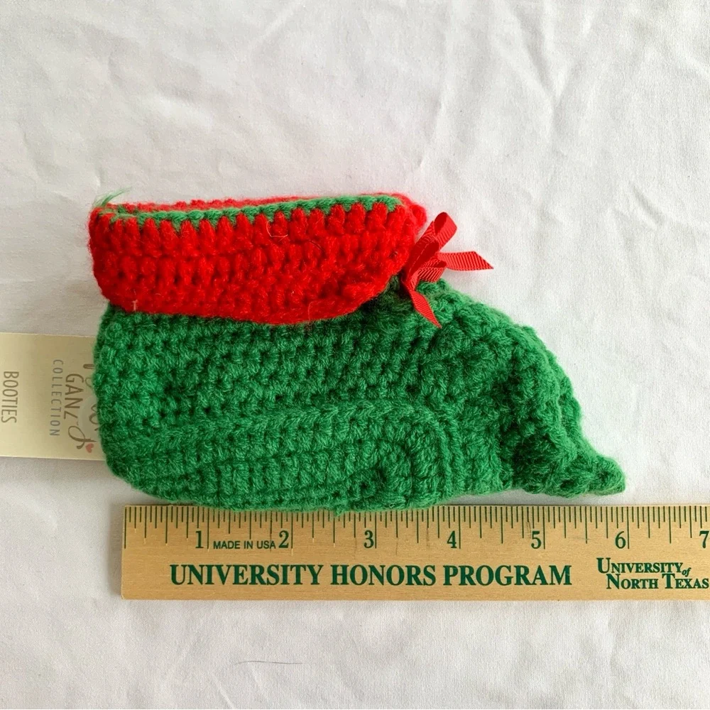 Baby knitted elf booties green and red